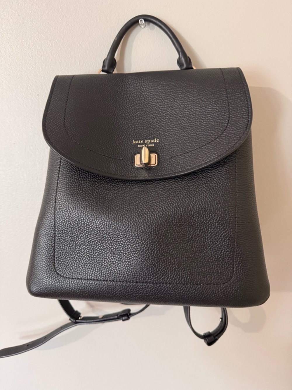 kate spade Black Pebbled Leather Top-Handle Backpack with Gold Hardware